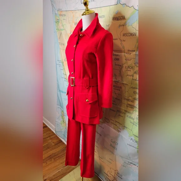 Vintage 1960s Sebastian Red Belted Jacket and Pant Suit With Gold Buttons Set - Picture 2 of 16